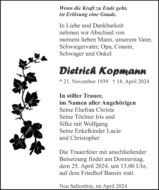 Traueranzeige von Dietrich Kopmann von Ostsee-Zeitung GmbH