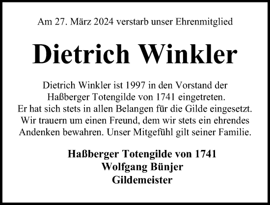 Traueranzeige von Dietrich Winkler von Kieler Nachrichten