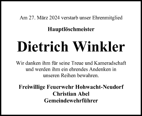 Traueranzeige von Dietrich Winkler von Kieler Nachrichten