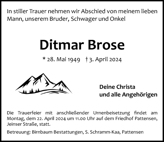 Traueranzeige von Ditmar Brose von Hannoversche Allgemeine Zeitung/Neue Presse