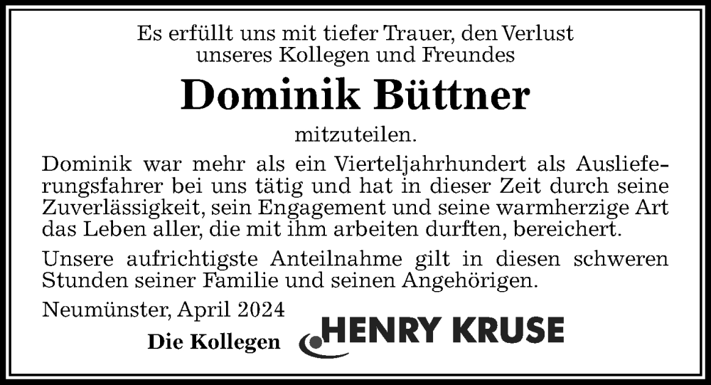  Traueranzeige für Dominik Büttner vom 20.04.2024 aus Kieler Nachrichten