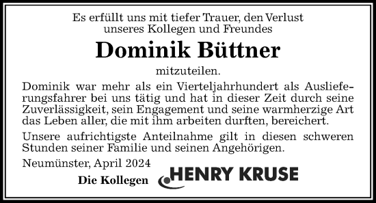 Traueranzeige von Dominik Büttner von Kieler Nachrichten