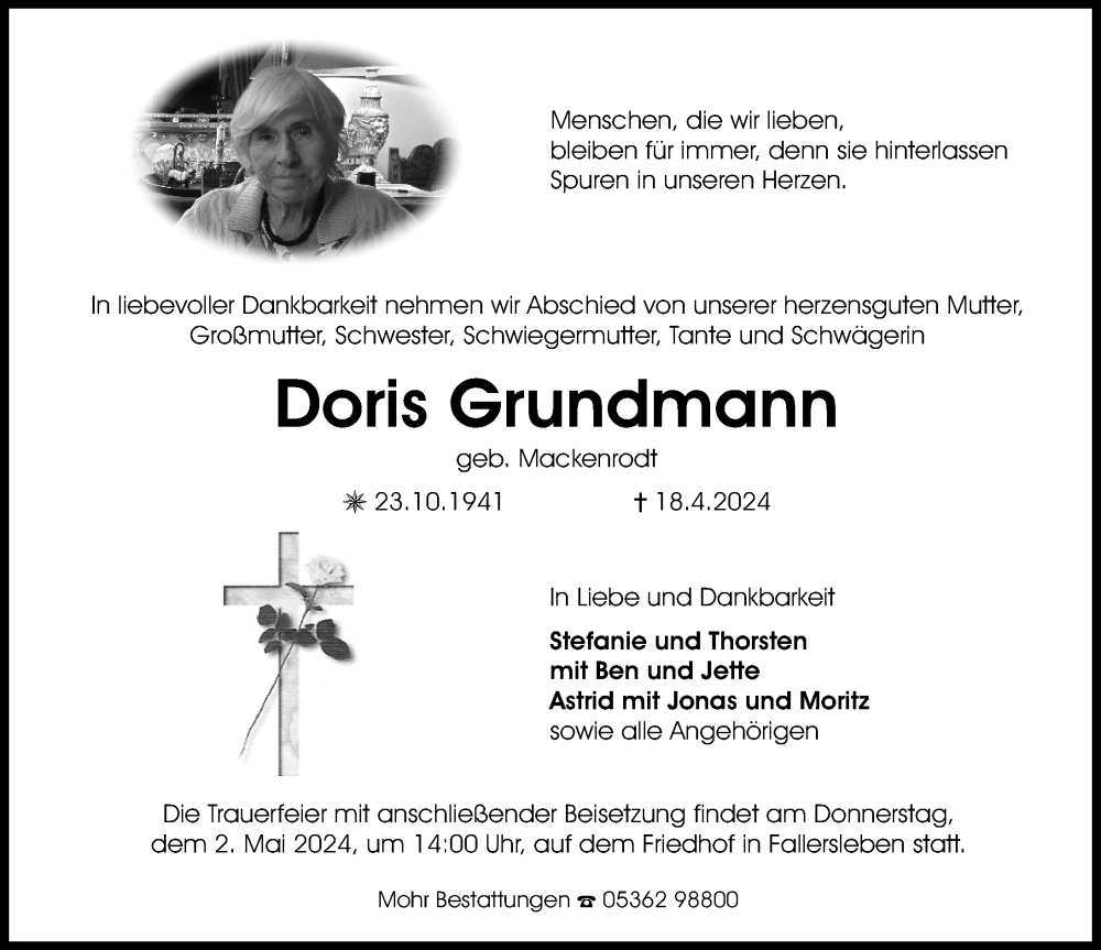  Traueranzeige für Doris Grundmann vom 27.04.2024 aus Aller Zeitung