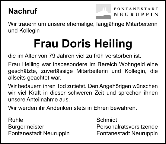 Traueranzeige von Doris Heiling von Märkischen Allgemeine Zeitung
