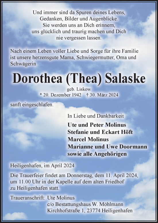 Traueranzeige von Dorothea Salaske von Lübecker Nachrichten