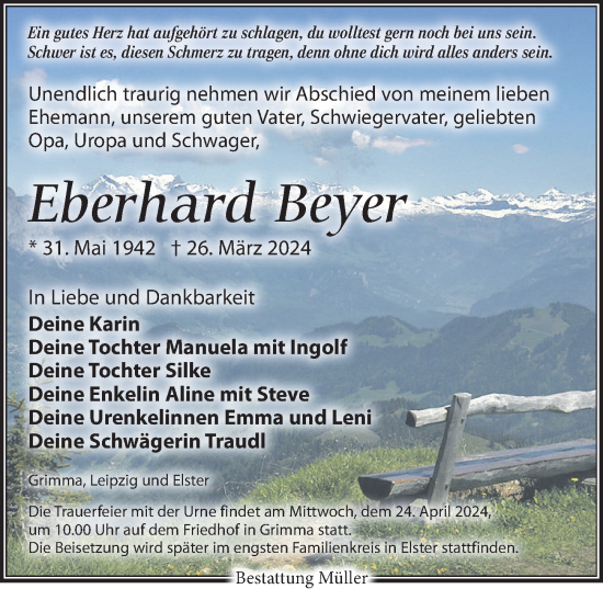 Traueranzeige von Eberhard Beyer von Leipziger Volkszeitung