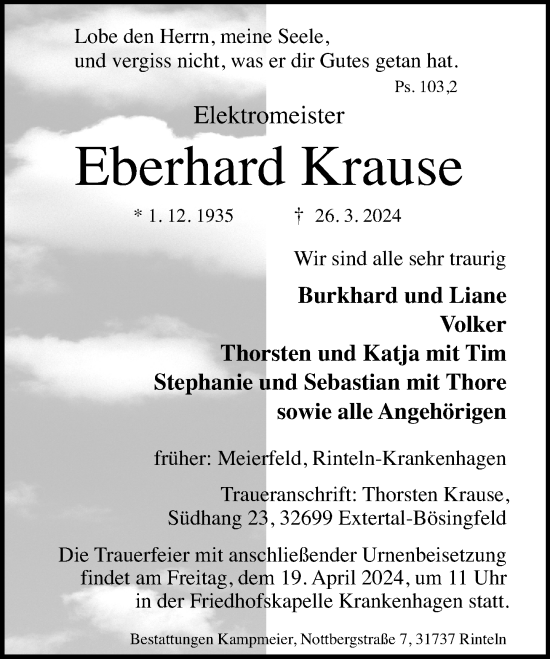 Traueranzeige von Eberhard Krause von Schaumburger Nachrichten und Schaumburger Zeitung/ Landes-Zeitung