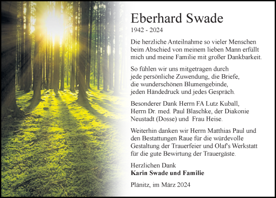 Traueranzeige von Eberhard Swade