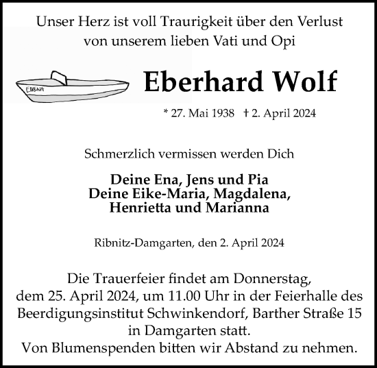 Traueranzeige von Eberhard Wolf von Ostsee-Zeitung GmbH