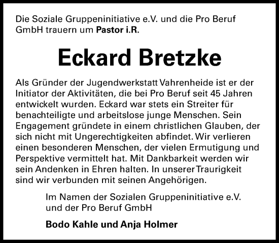 Traueranzeige von Eckard Bretzke von Hannoversche Allgemeine Zeitung/Neue Presse