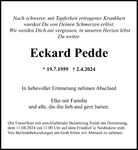 Traueranzeige von Eckard Pedde von Ostsee-Zeitung GmbH