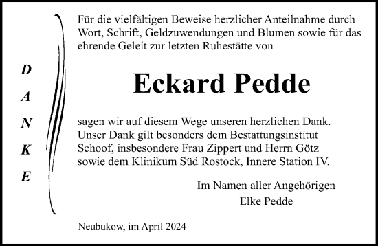 Traueranzeige von Eckard Pedde von Ostsee-Zeitung GmbH