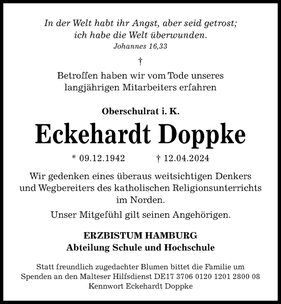 Traueranzeige von Eckehardt Doppke von Kieler Nachrichten