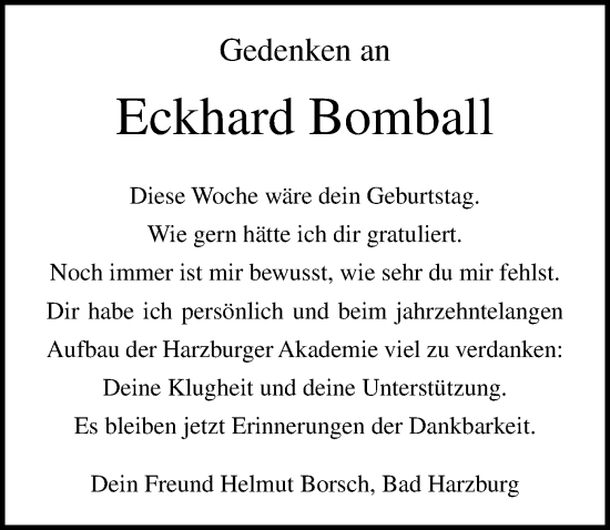 Traueranzeige von Eckhard Bomball von Ostsee-Zeitung GmbH
