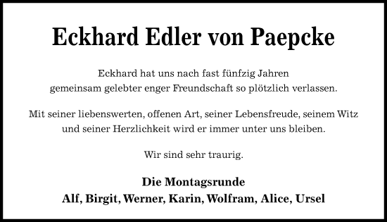 Traueranzeige von Eckhard  Edler von Paepcke von Kieler Nachrichten