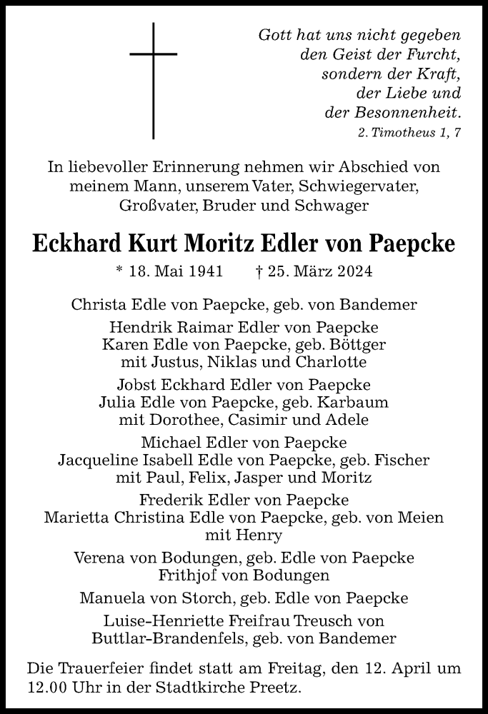  Traueranzeige für Eckhard Edler von Paepcke vom 06.04.2024 aus Kieler Nachrichten