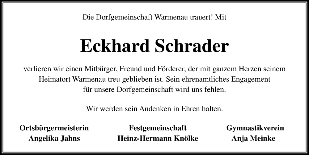  Traueranzeige für Eckhard Schrader vom 27.04.2024 aus Aller Zeitung