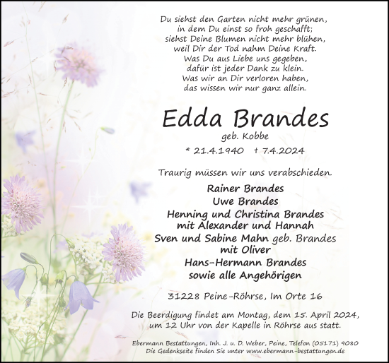 Traueranzeige von Edda Brandes von Peiner Allgemeine Zeitung