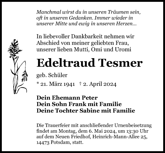 Traueranzeige von Edeltraud Tesmer von Märkischen Allgemeine Zeitung