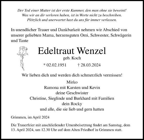 Traueranzeige von Edeltraut Wenzel von Ostsee-Zeitung GmbH