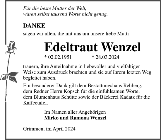 Traueranzeige von Edeltraut Wenzel von Ostsee-Zeitung GmbH