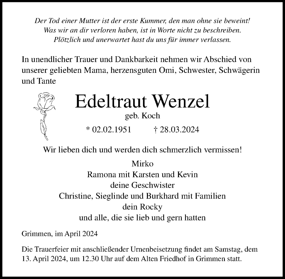  Traueranzeige für Edeltraut Wenzel vom 06.04.2024 aus Ostsee-Zeitung GmbH