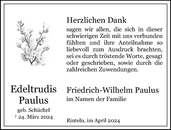 Traueranzeige von Edeltrudis Paulus von Schaumburger Nachrichten und Schaumburger Zeitung/ Landes-Zeitung