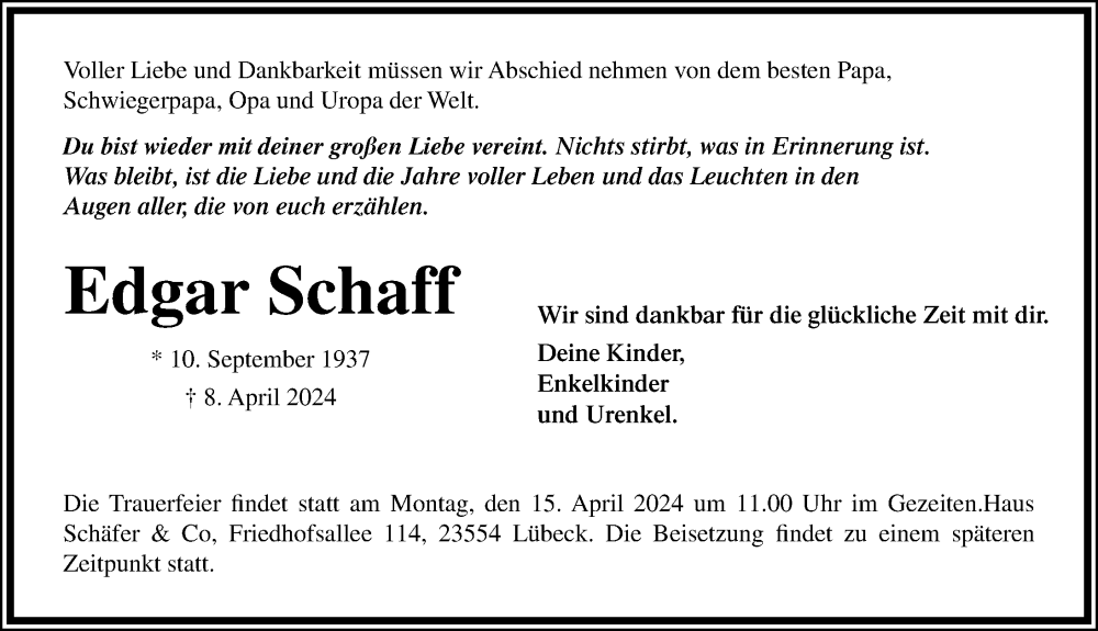  Traueranzeige für Edgar Schaff vom 14.04.2024 aus Lübecker Nachrichten
