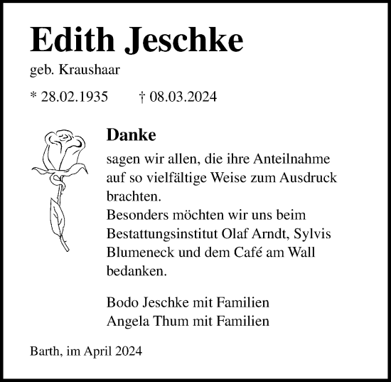 Traueranzeige von Edith Jeschke von Ostsee-Zeitung GmbH