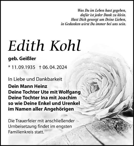Traueranzeige von Edith Kohl von Leipziger Volkszeitung