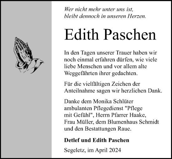 Traueranzeige von Edith Paschen von Wochenspiegel