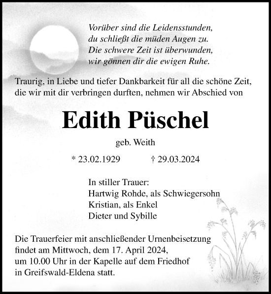 Traueranzeige von Edith Püschel von Ostsee-Zeitung GmbH