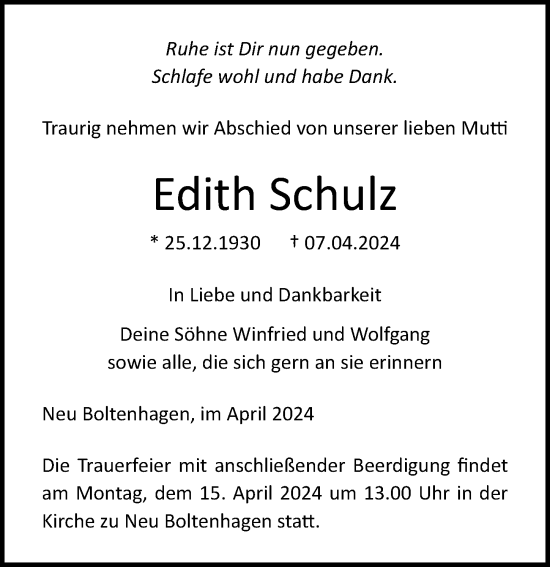 Traueranzeige von Edith Schulz von Ostsee-Zeitung GmbH