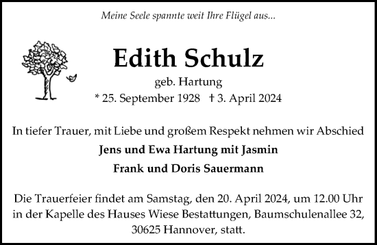 Traueranzeige von Edith Schulz von Hannoversche Allgemeine Zeitung/Neue Presse