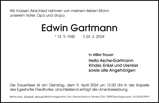 Traueranzeige von Edwin Gartmann von Hannoversche Allgemeine Zeitung/Neue Presse
