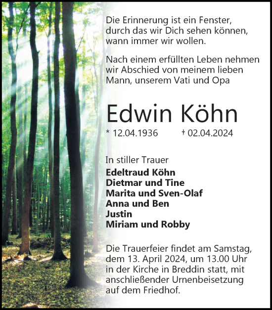Traueranzeige von Edwin Köhn von Wochenspiegel