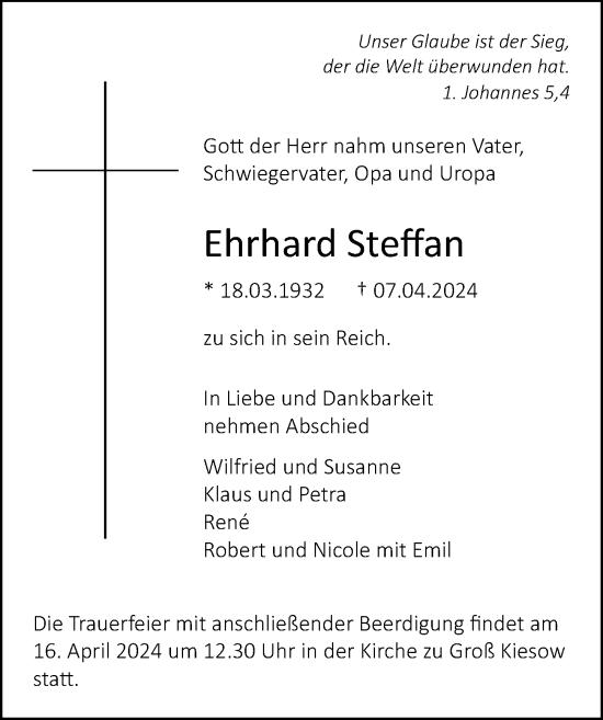 Traueranzeige von Ehrhard Steffan von Ostsee-Zeitung GmbH