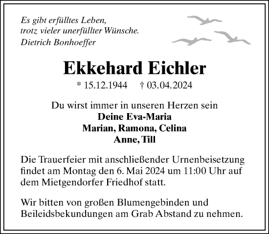 Traueranzeige von Ekkehard Eichler von Märkischen Allgemeine Zeitung