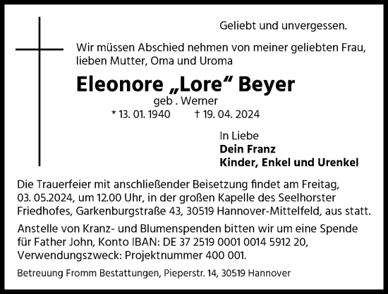 Traueranzeige von Eleonore Beyer von Hannoversche Allgemeine Zeitung/Neue Presse