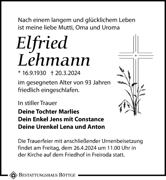Traueranzeige von Elfried Lehmann von Leipziger Volkszeitung