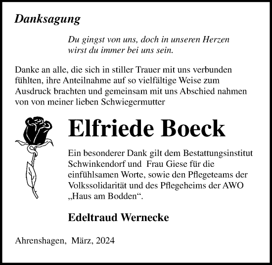 Traueranzeige von Elfriede Boeck von Ostsee-Zeitung GmbH