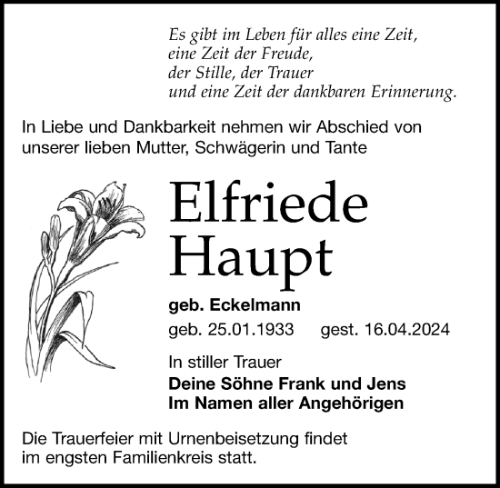 Traueranzeige von Elfriede Haupt von Leipziger Volkszeitung