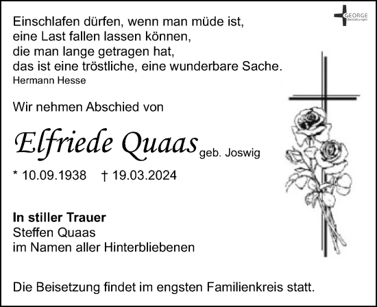 Traueranzeige von Elfriede Quaas von Leipziger Volkszeitung