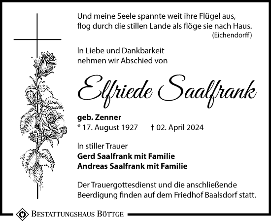 Traueranzeige von Elfriede Saalfrank von Leipziger Volkszeitung