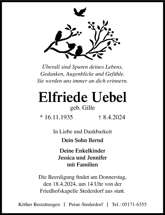 Traueranzeige von Elfriede Uebel von Peiner Allgemeine Zeitung