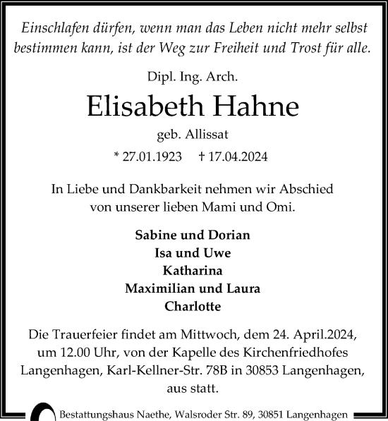 Traueranzeige von Elisabeth Hahne von Hannoversche Allgemeine Zeitung/Neue Presse