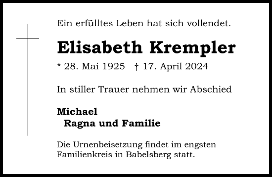 Traueranzeige von Elisabeth Krempler von Märkischen Allgemeine Zeitung