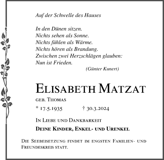 Traueranzeige von Elisabeth Matzat von Lübecker Nachrichten