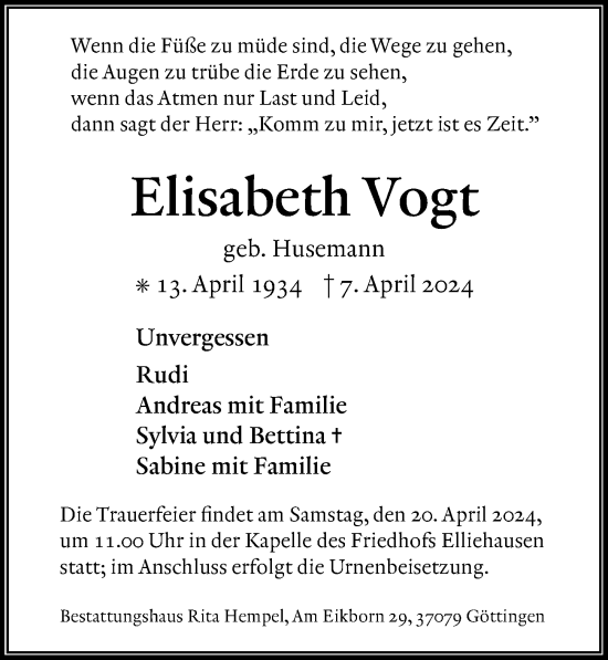 Traueranzeige von Elisabeth Vogt von Göttinger Tageblatt