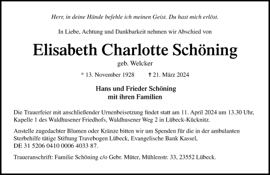 Traueranzeige von Elisabeth Charlotte Schöning von Lübecker Nachrichten